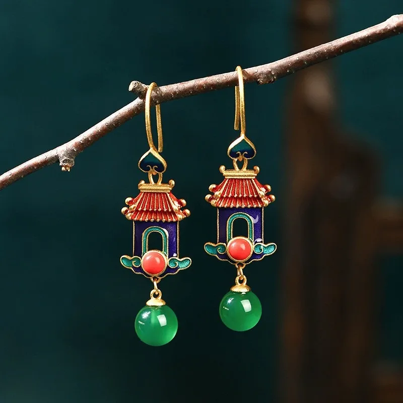 Chinese Trend Gold-plated Imitation Jade Pendant Jewelry Women's Vintage Enamel Earrings Palace Ethnic Style Accessories