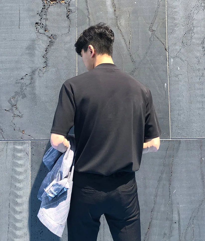 아이스 실크 반팔 티셔츠 남성 여름 트렌디 시원한 경량 베이스 레이어 셔츠 하프 하이 칼라 루즈핏 면 울 혼방 원단
