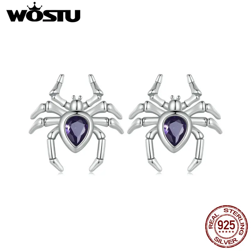 WOSTU 925 Sterling Silver Vintage Spider Orecchini con perno Creativo a goccia Viola Cristallo Insetto Orecchini a bottone donna uomo Punk Regalo Nuovo  36