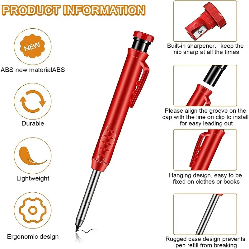Solid Carpenter Pencil and Built-in Sharpener with Refill Leads for Deep Hole Mechanical Pencil Marker Marking Woodworking Tools