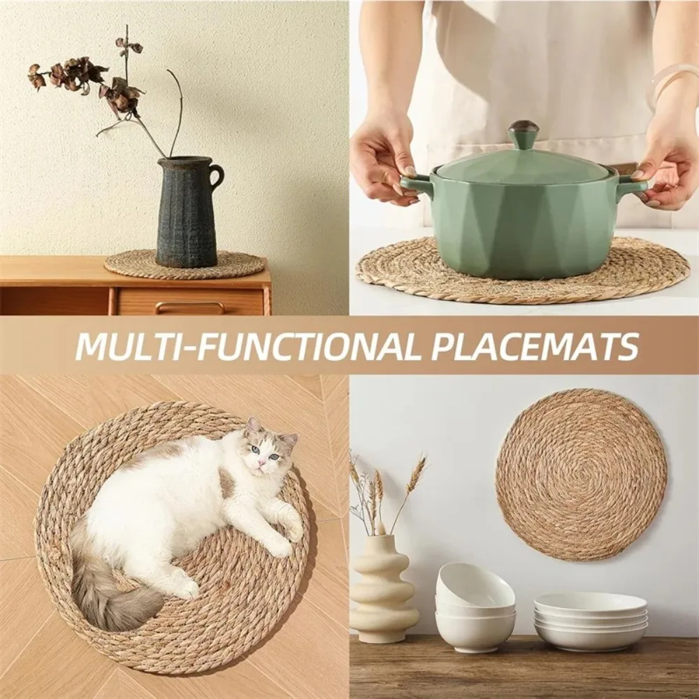 Straw Braided Round Handwoven Rattan Placemats Non-Slip Heat Resistant Heat Insulation Mats Woven Placemats Dining Table