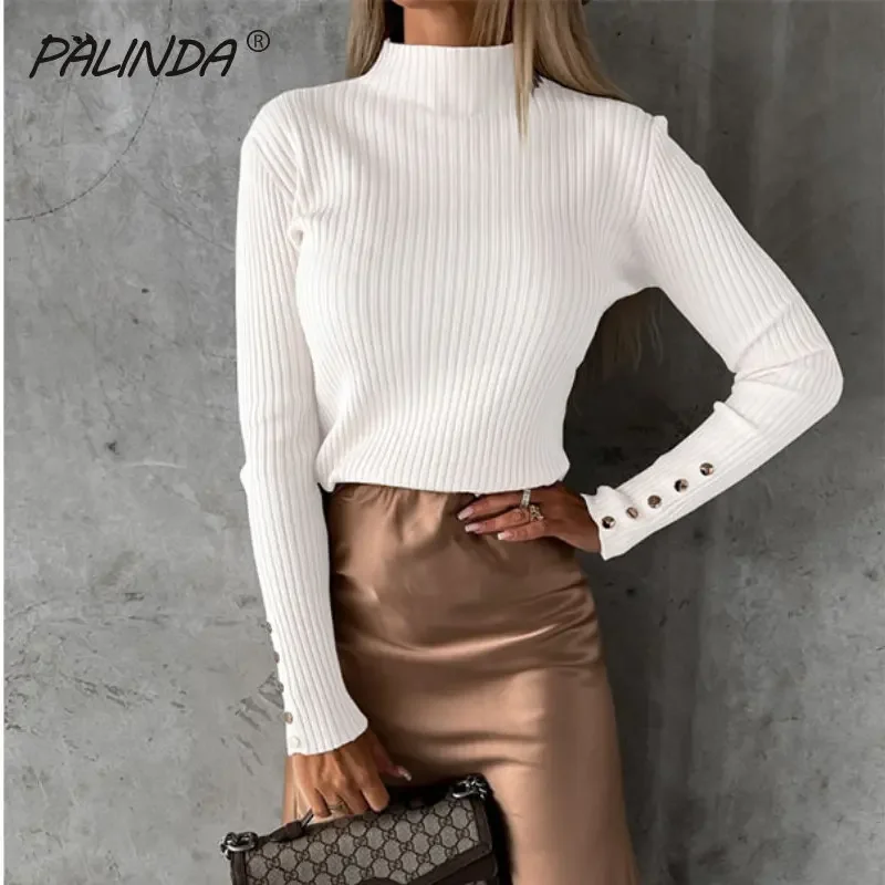 

Female Autumn Turtleneck Buttons Long Sleeve Knitted Shirts Basic T-Shirts Solid Lady Tees Tops Jumpers Knit Tops Woman G1243