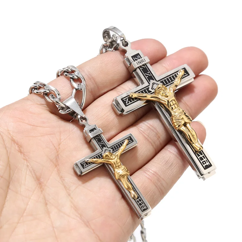 

Stainless Steel Religious Crucifix Jesus Cross Necklace Pendant Multilayer Jesus Christ Crucifix Necklaces with 24'' Chain