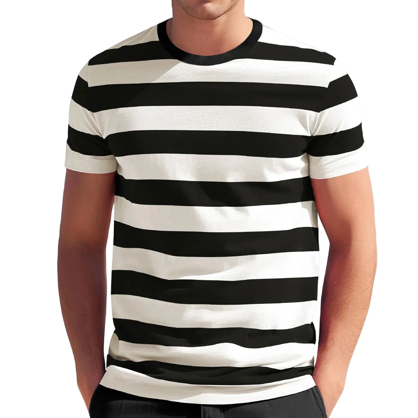 Sommer-Sonderangebot: Herren Bunt Gestreiftes Bedrucktes Kurzarm-T-Shirt, Locker Geschnitten, Lässiger Rundhalsausschnitt, Atmungsaktive Streetwear