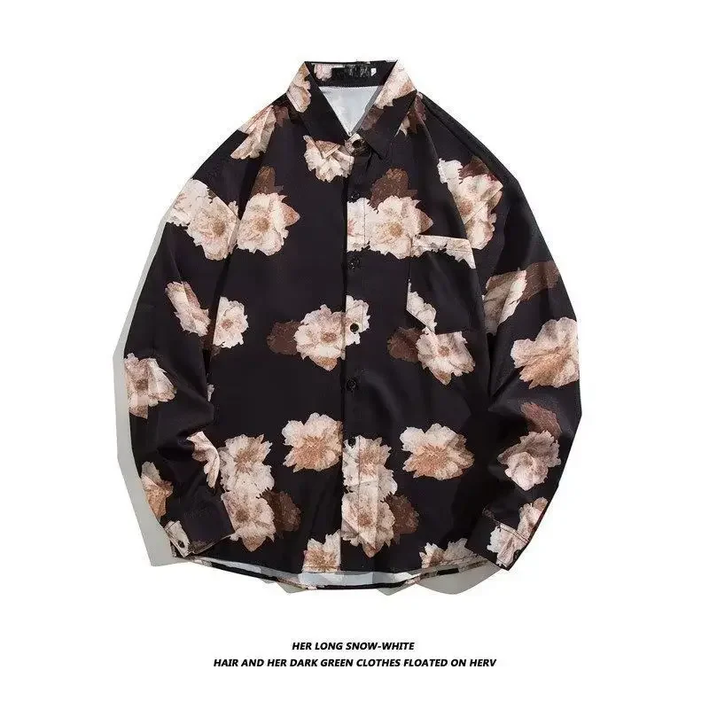 thumbnail image 1 of Camisa de manga larga con flores estilo vintage de Hong Kong para hombres y mujeres, informal, con protección solar, versátil, para parejas, 1 of 5