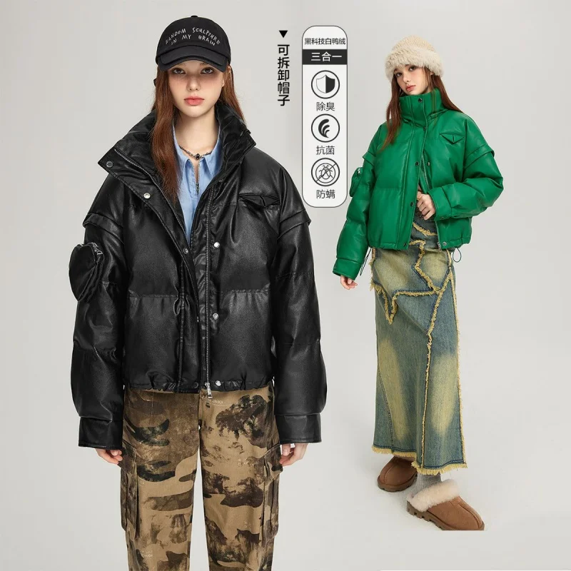

Sandro Rivers PU Leather White Duck down Short Jacket Women's Winter Detachable Hat Windproof
