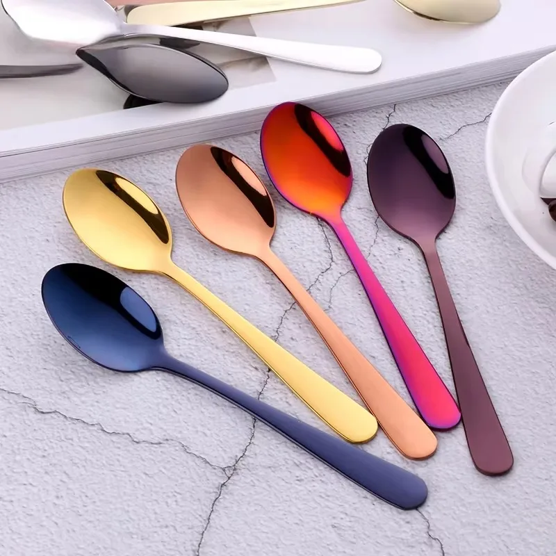 1PC Colorful Stainless Steel Korean Dessert Spoon Gold Silver Coffee Spoon with Long Handle Ice Cream Mixing Tea Spoon Tableware