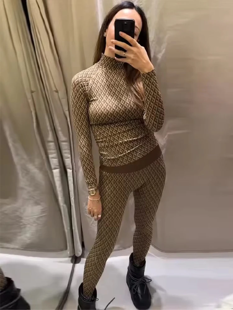 Ski Series Printed Pants Two Piece Sets Women Long Sleeve T-shirt Top + Trousesr 2026 New Slim Woman Outfit