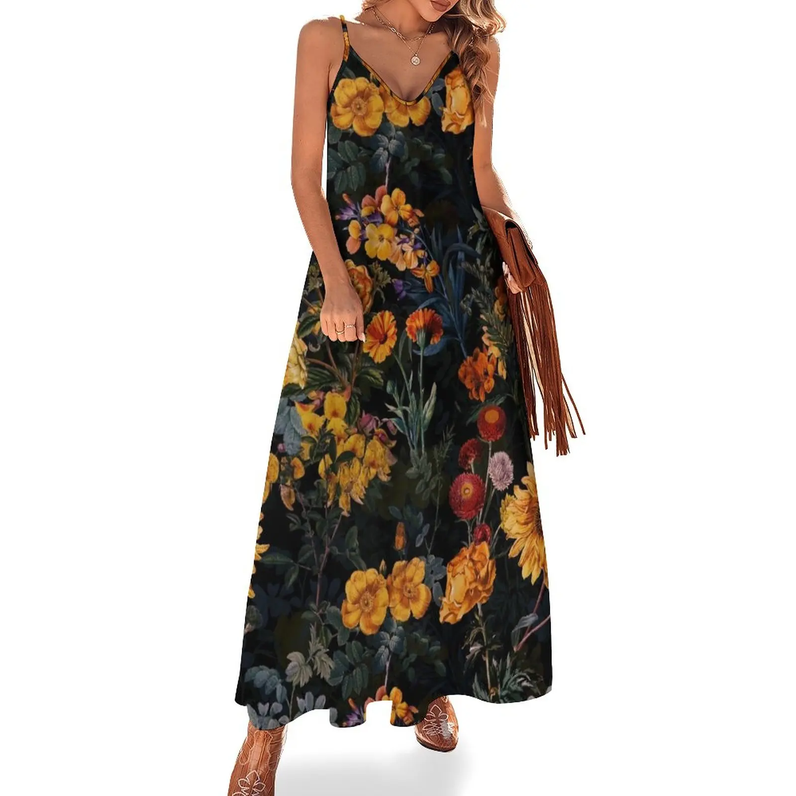 Vintage Botanical Golden Night Garden Sleeveless Dress summer dress daily luxury woman evening dress