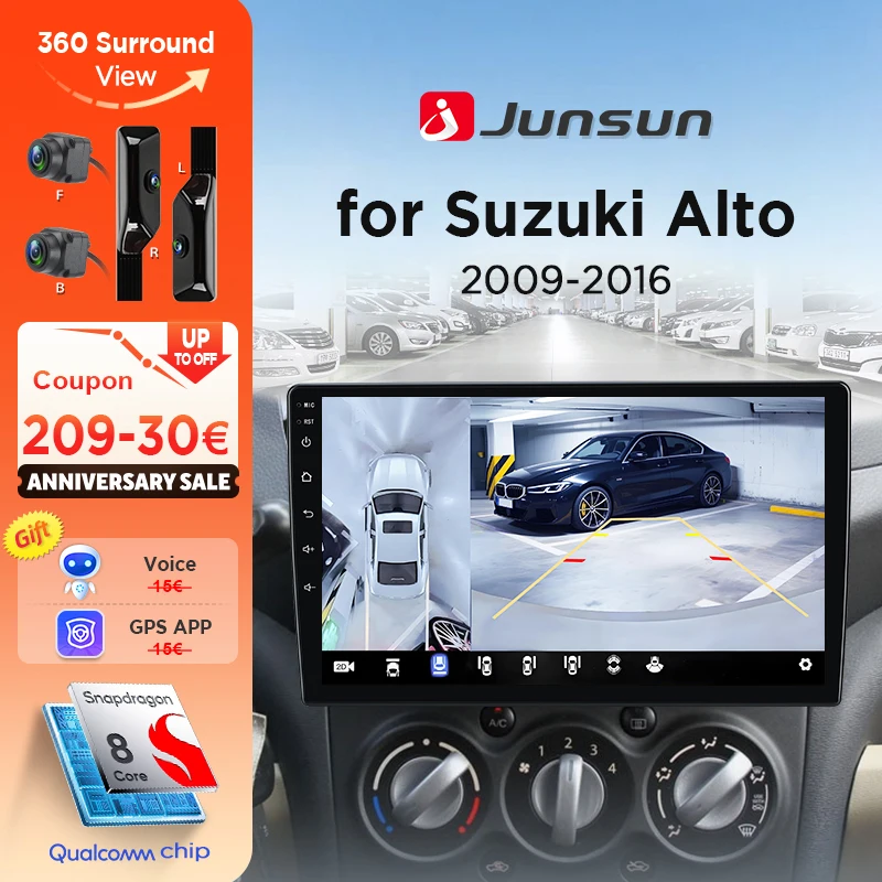 Junsun 8-Kern 360 ° Kamera 2 Din Autoradio für Suzuki Alto 2009 2010-2016 Kabelloses CarPlay Android Auto Stereo GPS Navi 4G DSP
