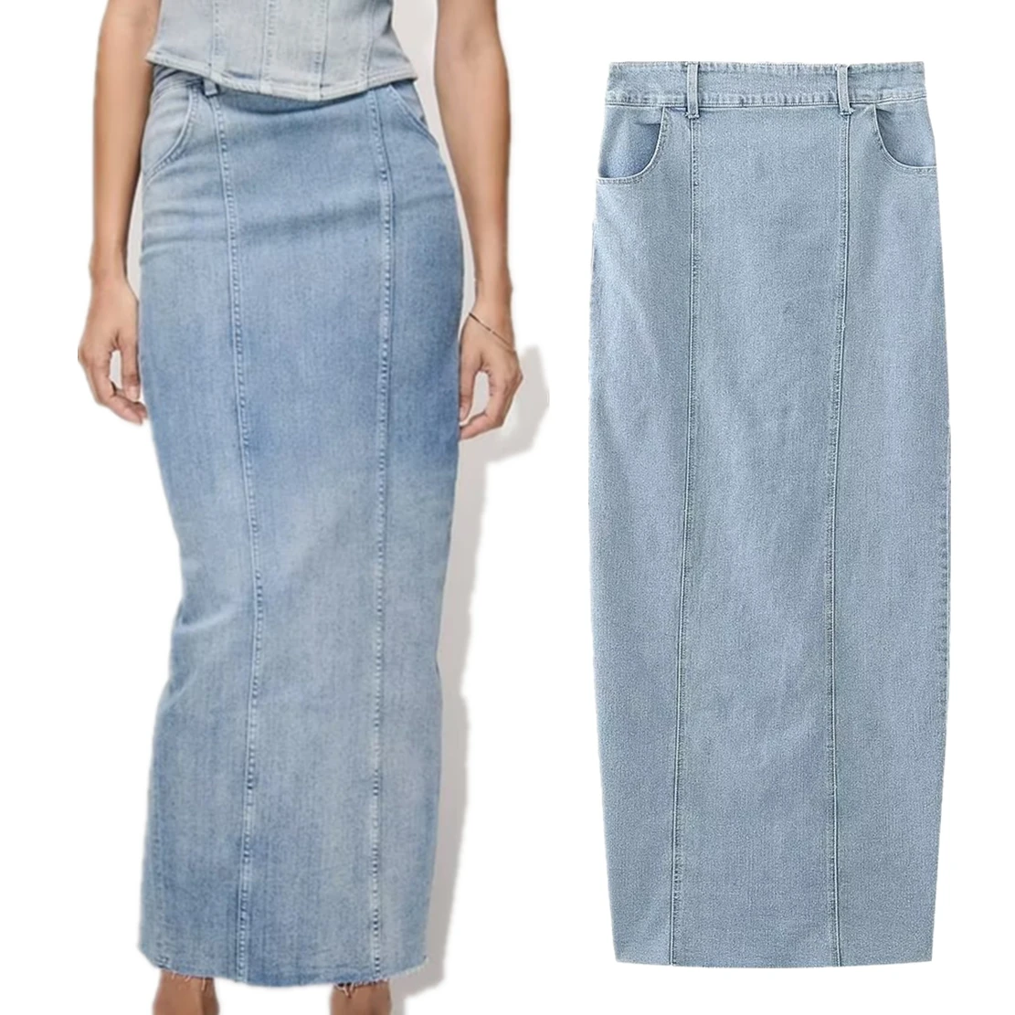 Withered Fashionable Girls Retro Washed High Street Denim Skirt High Waist Slit Sexy Midi Long Skirt Women new high waist retro straight leg all match design jeans 90s beautiful street hollow holes popular harajuku loose wide leg pants