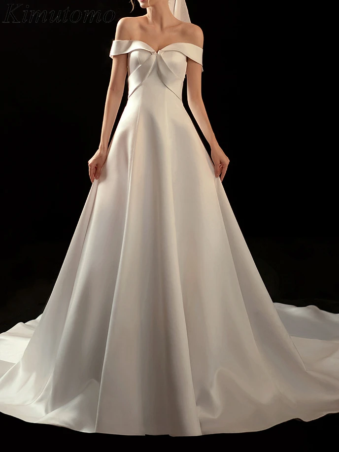 

Kimutomo Элегантное Атласное Платье с вырезом лодочкой для свадебной вечеринки белые платья с открытыми плечами во французском стиле шикарные платья