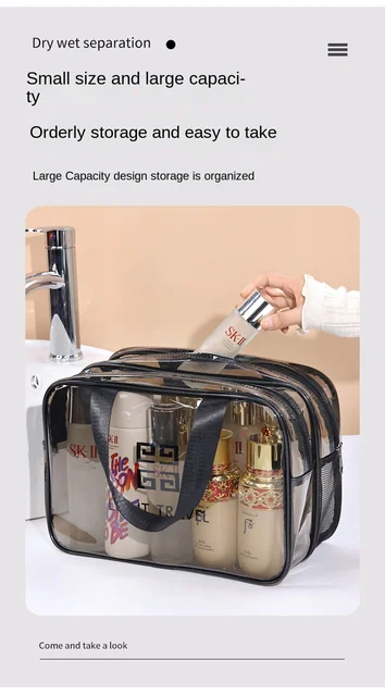 New Transparent Cosmetic Bag PVC Women Double-layer Makeup Bag