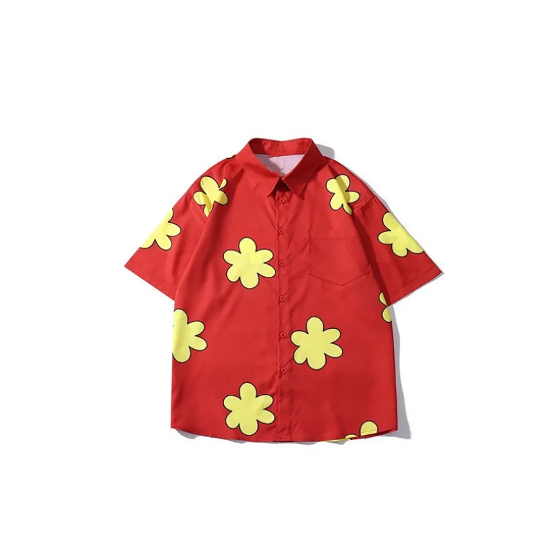 Мужская рубашка с коротким рукавом Red Cartoon Flower, гавайская, винтажная, японская, пляжная одежда, весна и осень, Y2K