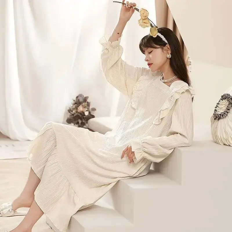 Long Sleeve Cotton Sleepwear Women Mid-length Pure Color Sweet Style Can Be Worn Outside Home Hotel Bathroom Wedding Studio