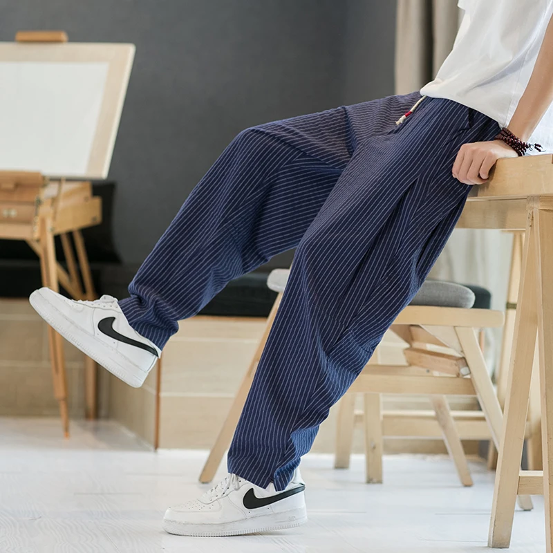 

2022 Spring-Summer Ankle-Length Pants Men's Chinese-Style Cotton and Linen Striped Wide-Leg Pants-Large-Size Lantern Pants K75