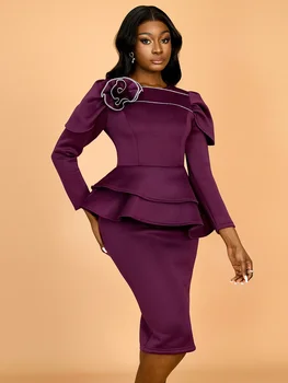 Abiti midi da donna eleganti o collo manica lunga viola fiore 3D vita alta pacchetto peplo abito da sera per eventi di compleanno
