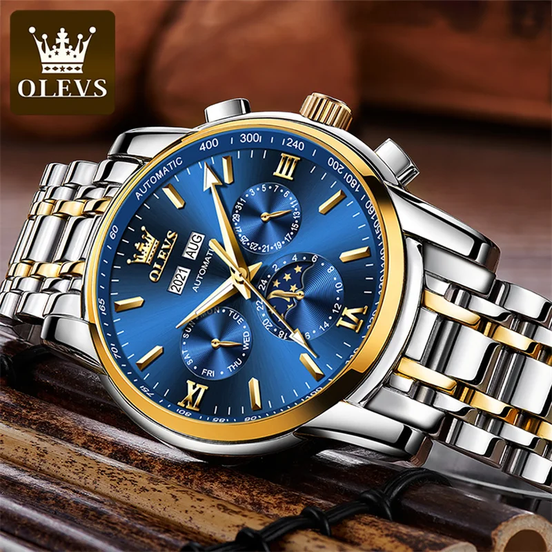 OLEVS Top Brand Luxury  Luminous Date Moon Phases Men's Watches Mechanical Watch Men Waterproof Sport Automatic Wristwatch Reloj