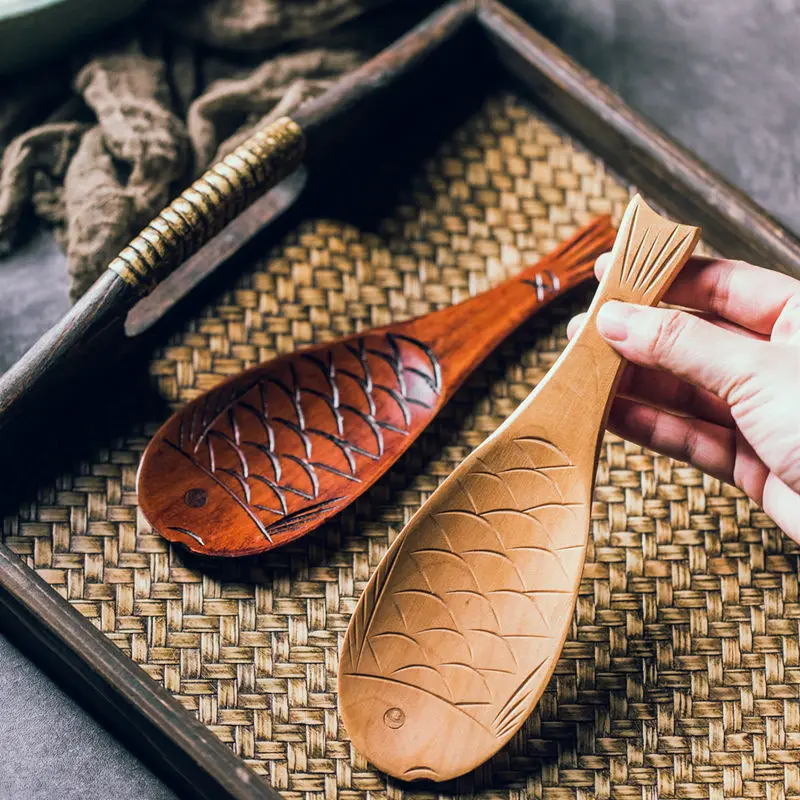 Retro Japanese Creative Fish Shape Rice Spoon Cute Nature Wooden Non-stick Rice Shovel Scoop Kitchen Cooking Utensils Supplies wooden cooking spoon cooking scoop