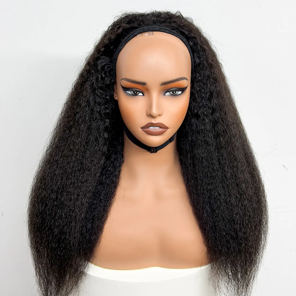 Half Wig Human Hair Kinky Straight Glueless Wig 250% Density Human Hair Yaki Drawstring Half Clip In Wigs 12A Wigs For Women