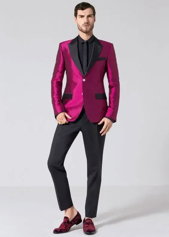 

Hot Pink Satin Men Suit Slim Fit 2 Piece Tuxedo Prom Blazer Sets Custom Groom Party Suits Terno Masculino Costume Mariage Homme