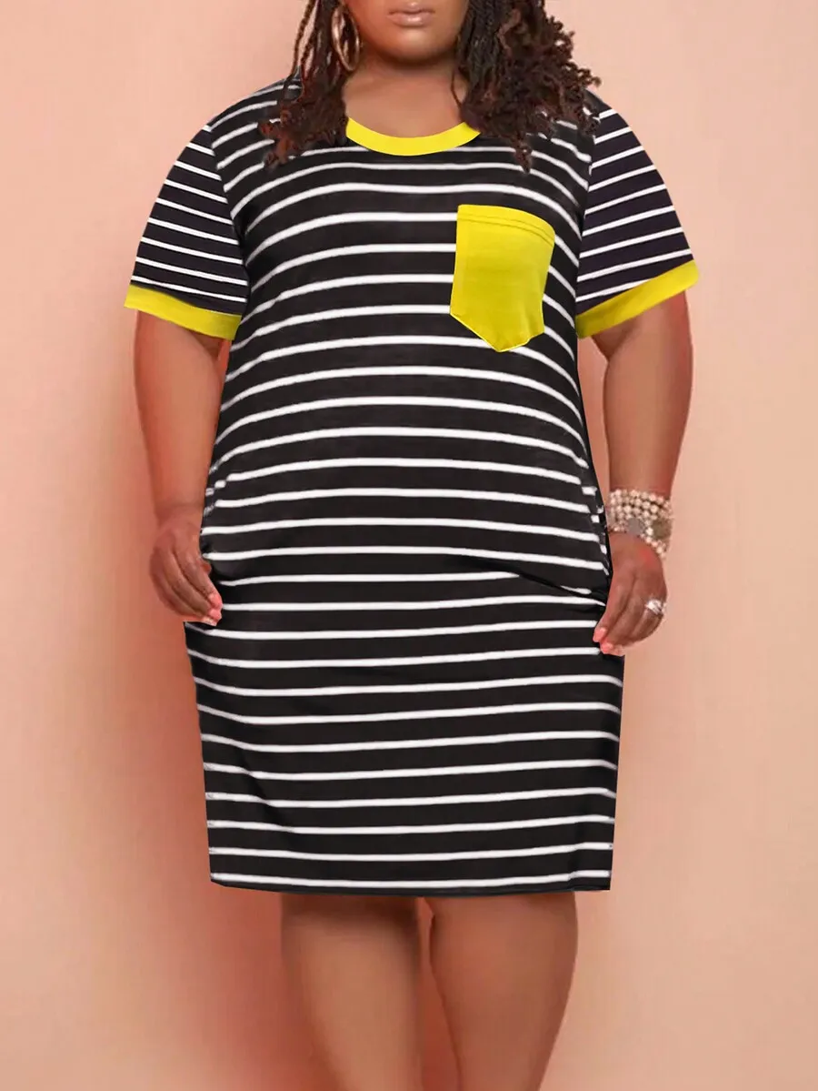 Plus Size Women Striped Contrast T-Shirt Dress Summer Casual - Image 3