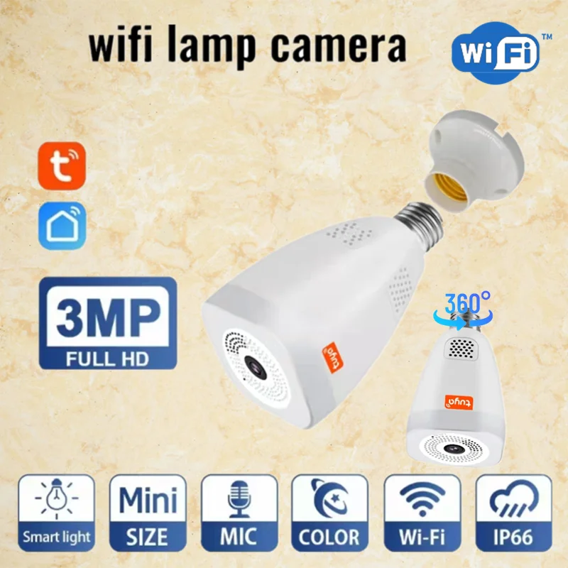 Tuya 3MP 360° Panoramic Camera Lamp Wifi Cam Wireless 4X Zoom Motion