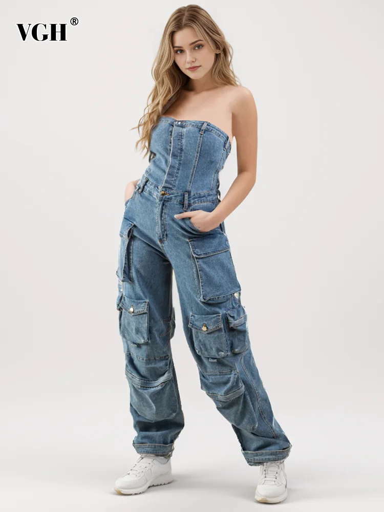 

Женский джинсовый комбинезон VGH, однотонный комбинезон в стиле пэчворк с карманами, без бретелек, без рукавов, с высокой талией и открытыми плечами, Новинка