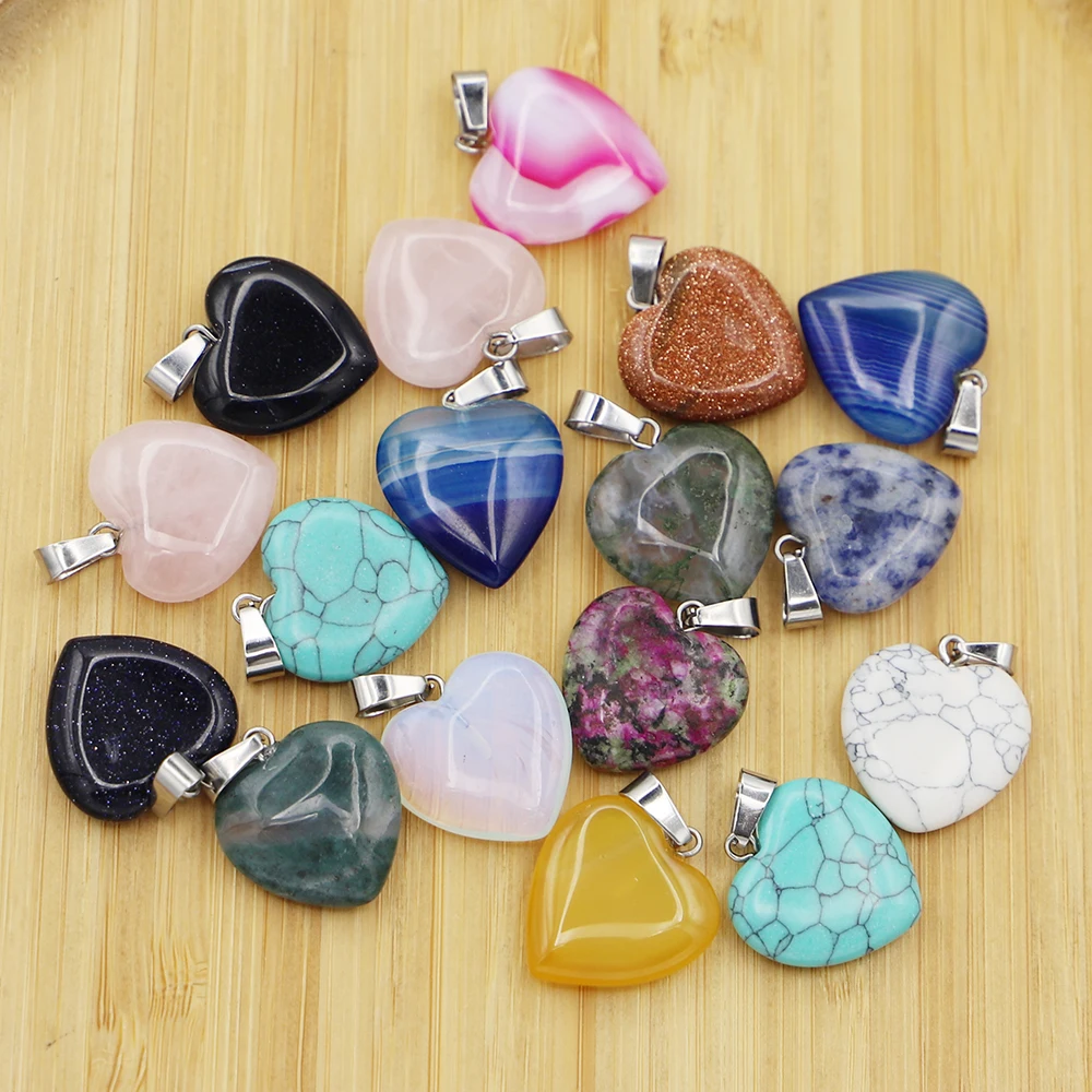 20MM Good Quality Assorted Natural Stone Heart Pendants Charms Jewelry Accessories Making Necklace Earrings 30Pcs Free Shipping
