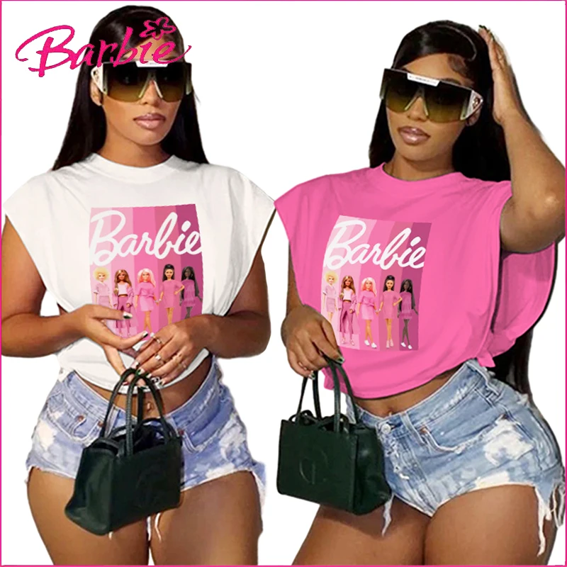 

Barbie Sleeveless Round Neck Top T-Shirt Loose Letter Print Sports Casual Women's Wear Ladies Comforts Vest Fashion Short Sleeve