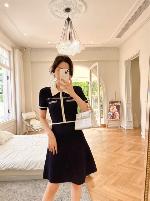 French Elegant Contrast Color Knit A-line Dress Women 2022 Fashion 