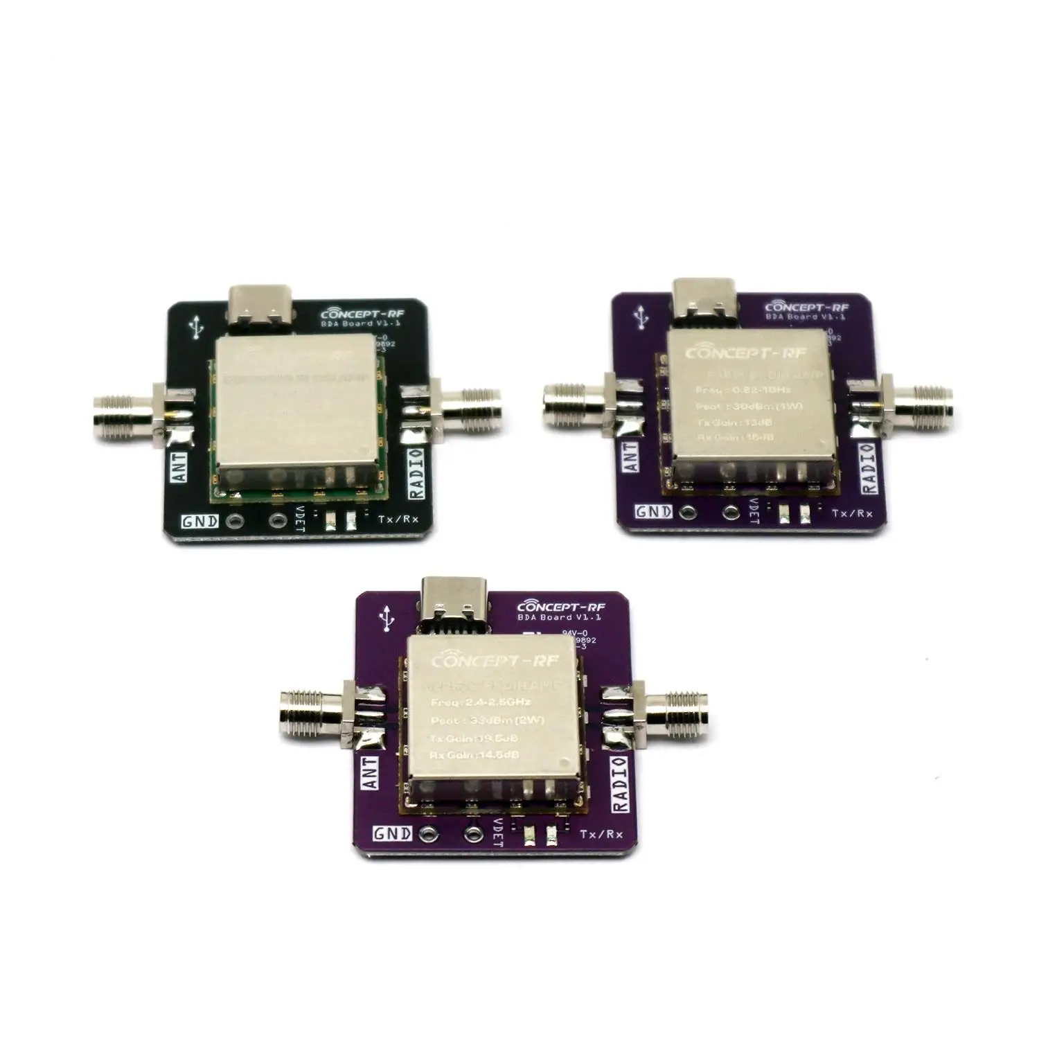 Vue rapprochée des connecteurs SMA de l'amplificateur RF 2W, adapté aux systèmes UAV et WiFi pour extension de portée.