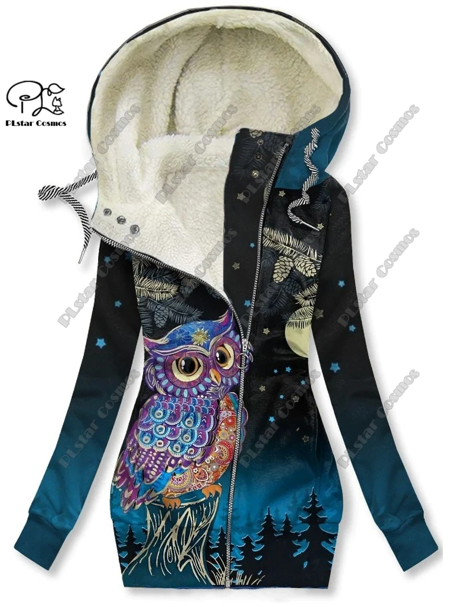 New 3D printed animal series cute owl pattern plus velvet warm women's long zipper hoodie coat commuting casual winter M-1