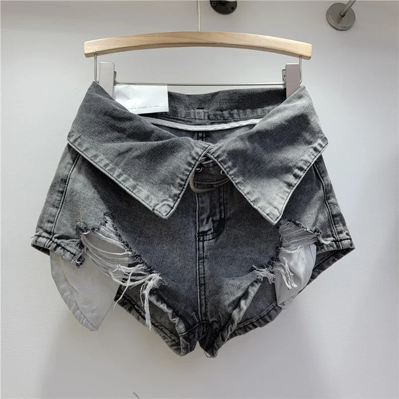 Vintage Holes Patchwork Denim Shorts Women Trend Lapel High Waist Irregular Jeans Pants Drop Shipping Wholesale Female Clothing
