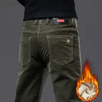 Autumn Winter Men's Slim Fit Straight Corduroy Fleece Pants High Quality Cotton Stretch Simple Clothing Pure Fit Casual Trousers 1