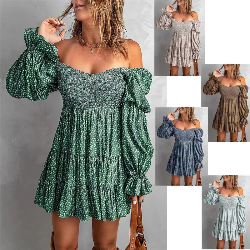 

Women's Mini Skirt Solid V Neck Ladies Beach Dresses 2022 New Spring Autumn Long Sleeves Pleated Clothing fashion Famale Outfits