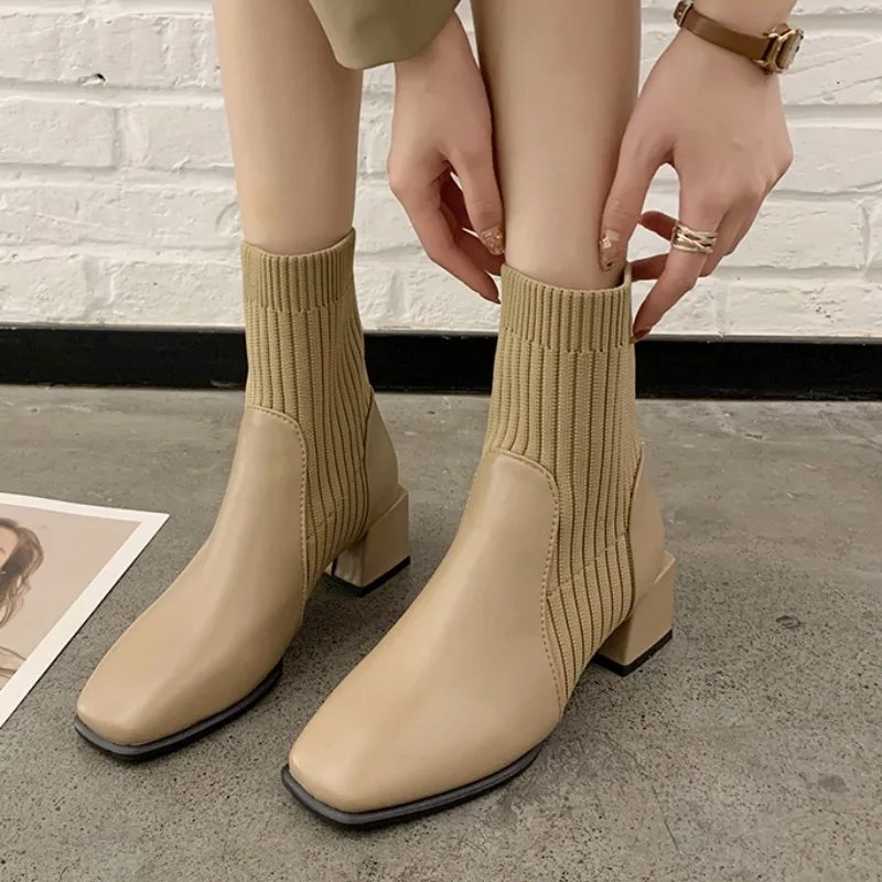 Ladies Shoes on Sale 2023 Basic Women's Boots Brand Ankle Boots Women Knitted Stretch Slip-on Square Toe Chunky Heel Shoes Women
