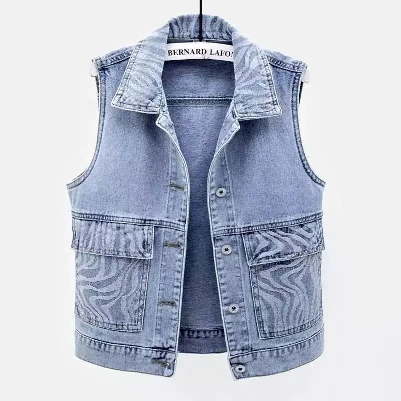 

Spring And Summer Denim Vest Women's Korean Coat Versatile Short Pattern Patchwork Large Pocket Jacket Trend Waistcoat Top Z2190