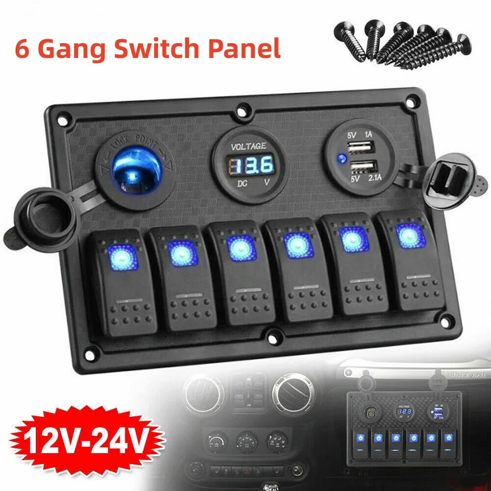 

6 Gang Switch Panel With 4.2A Dual USB Ports Digital Voltage Display Cigarette Lighter Socket Waterproof For Car Boats Truck ATV