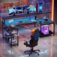 L Shaped Gaming Desk 71" Computer Desk Power Outlets Monitor Stand Adjustable Shelf Cup Holder Hooks Home Office Black 4