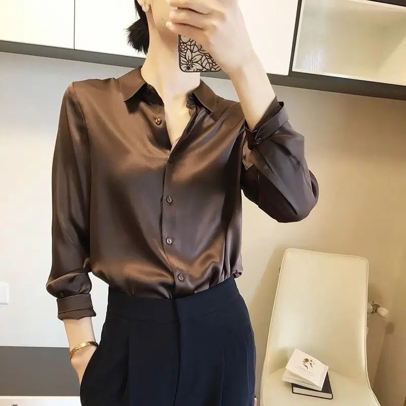 Camisas y blusas con acabado satinado que combinan con todo para mujer, Top informal OL de manga larga con botones, camisas elegantes, blusas francesas sólidas - Imagen 4