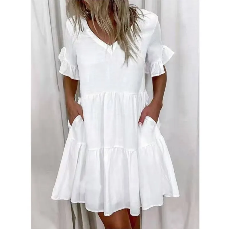 

Elegant Women's Summer Loose Fashion V-neck Short Printed Ruffle Pocket Dress Women's White Short Sleeve Casual Mini Dress S-5XL