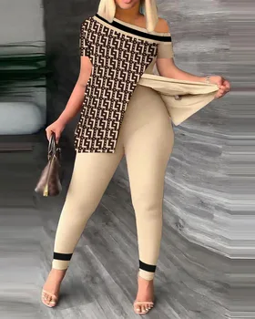 Women's Printed Two-piece Set With Slit  Irregular Sloped Collar Top T-shirt  Printed Trousers Two-piece Set  Fashionable 1