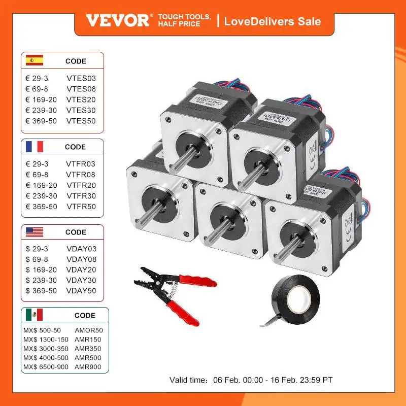 Vevor 5 Pz Nema 17 Motore Passo-Passo Coppia Elevata 45Ncm / 59Ncm 4 Fili 1.5A 2A 2 Fasi Per Stampante 3D Cnc Laser Cutter Incisore