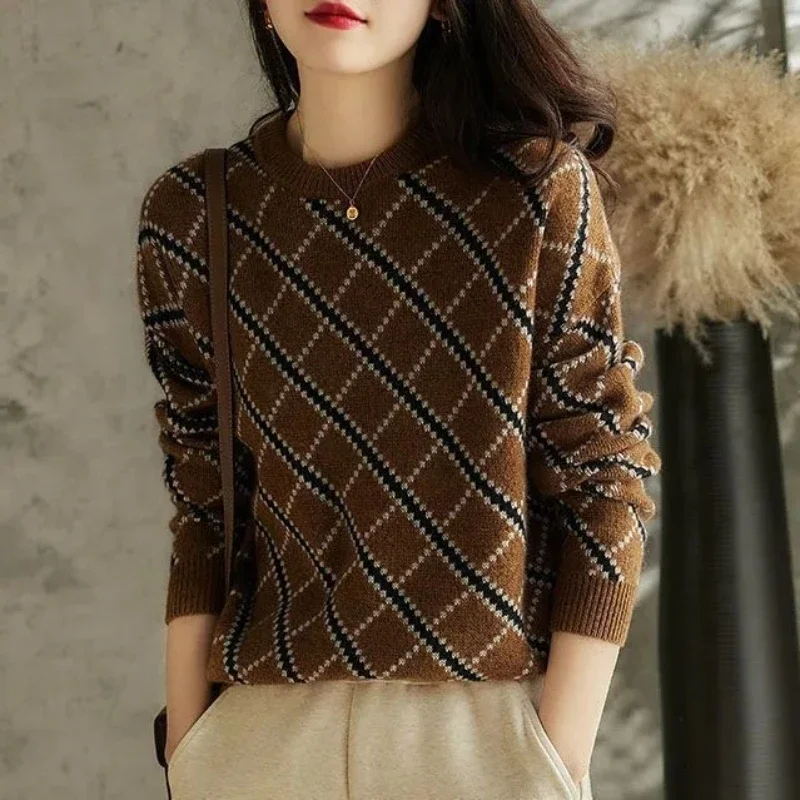 

Knitted Top for Women Round O Neck Ladies Sweaters Plaid Pullovers Long Sleeve Aesthetic Winter Thermal Blouse Jumper Clothing