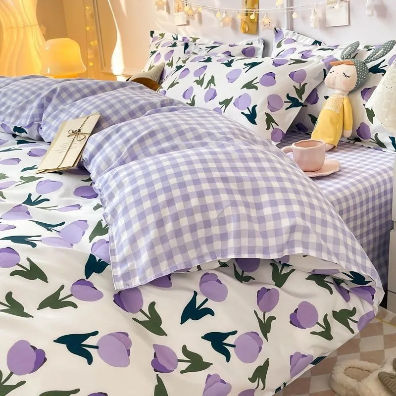 Ins Style Bedding Set No Filler Purple Tulip Fashion Duvet Cover Flat Sheet Pillowcase Girls Boys Single Double Size Bed Linen