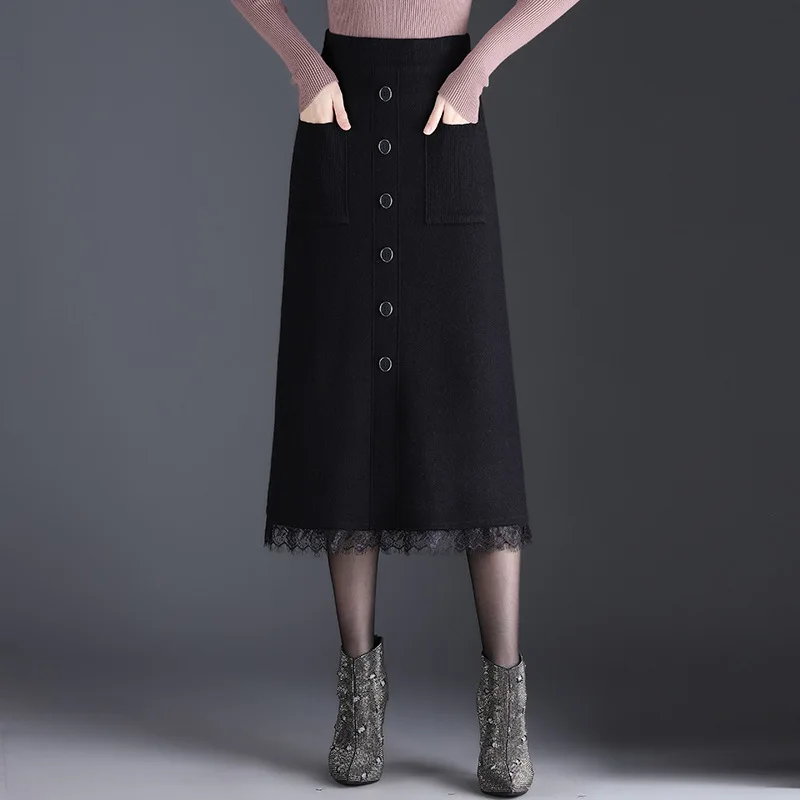 

Lace Hem Spliced Black Knitting Wool Skirt Women Autumn Winter Elegant Chic Slim Single Breasted Pocket A-line Long Skirts 1136