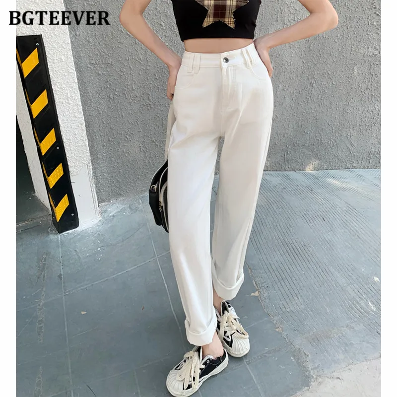 

BGTEEVER Casual One Button Ladies Jeans High Waist Washed Women Harem Pants Pockets Female Denim Pants Autumn