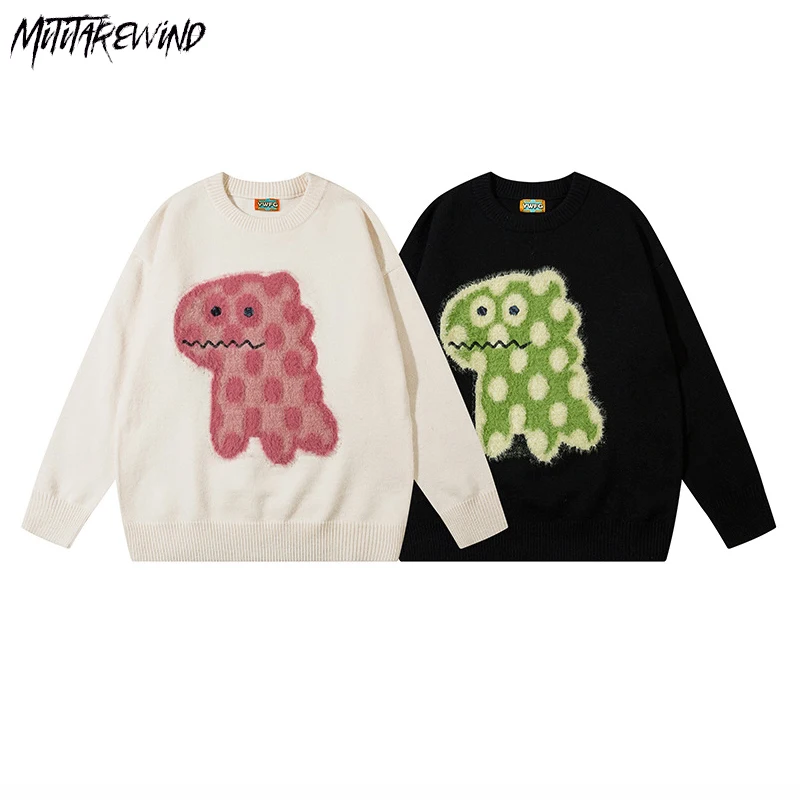 

Korean Cartoon Print Sweaters Couple Long Sleeve Pullover O Neck Graphic Knitwear Casual Loose Oversized Autumn Winter Sweaters