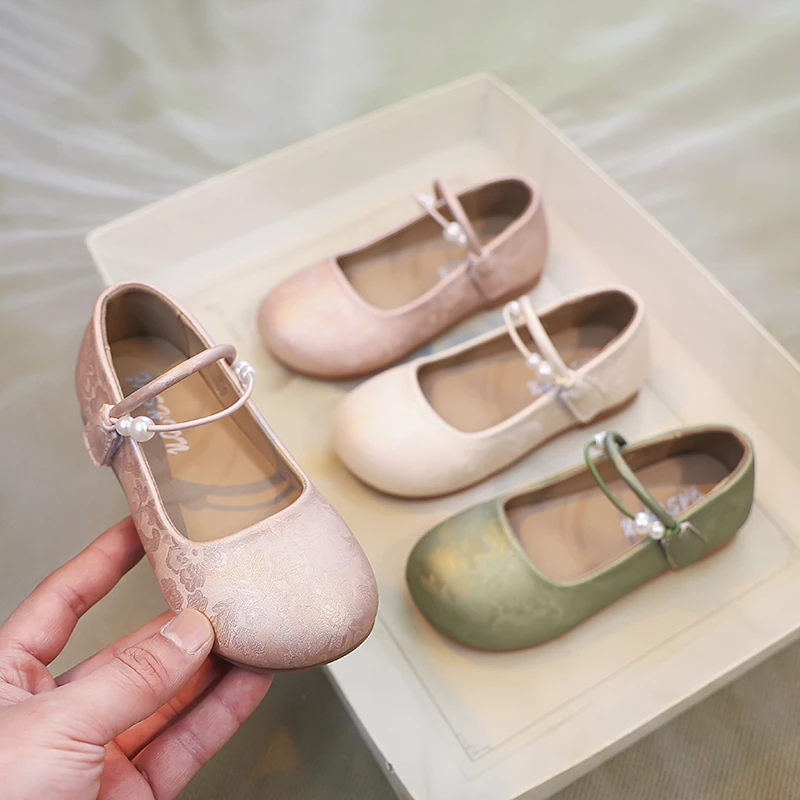 Leather Girls Ballet Flats with Beaded Soft Sole